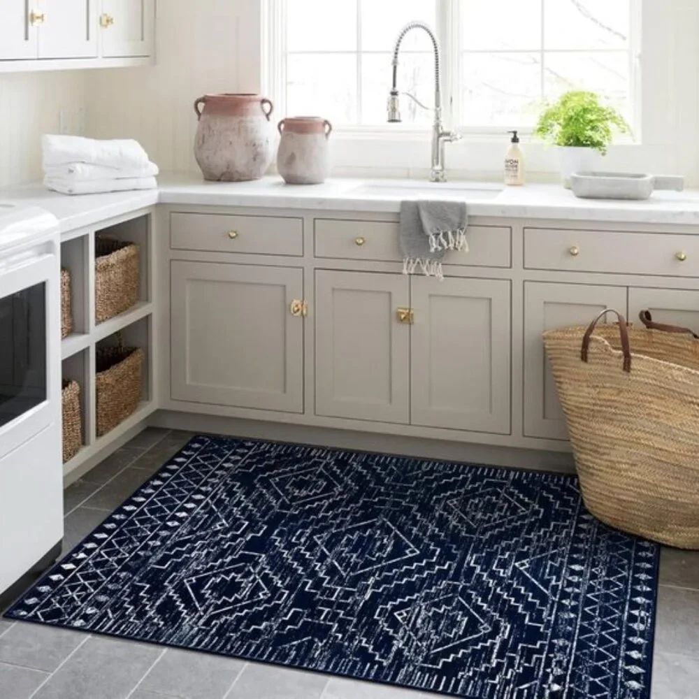 New 3x5 Blue Moroccan Rug, Washable Non-Slip Geometric Carpet for Entry & Home